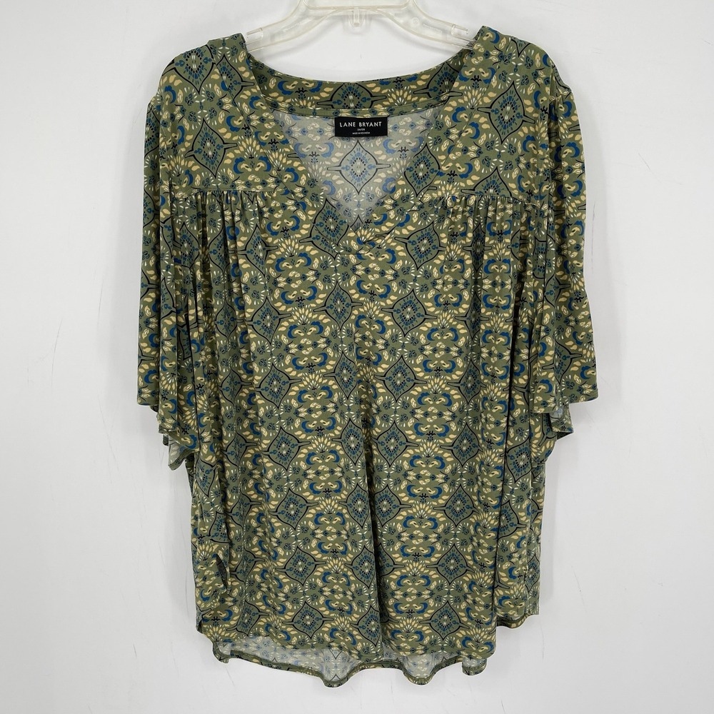 Lane Bryant Women's Green Medallion V-Neck Flutter Sleeve Top Plus Size 26-28
